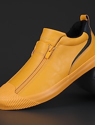 Men's Yellow Leather Slip-On Sneakers with Zipper Closure for Casual Wear