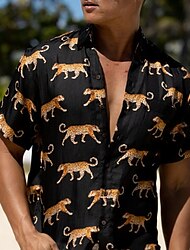 Herr Skjorta Djur Leopard Grafiska tryck Nedvikt Svart Brun Grön Kaki Blå + Blå Utomhus Gata Kort ärm Mönster Button-Down Kläder Tropisk Mode Hawaiisk Designer