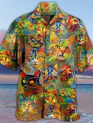 Men's Cat Tropical Oil Painting Shirt Summer Hawaiian Shirt Aloha Shirt Short Sleeve Shirt Turndown Tropical Fashion Hawaiian Casual Hawaiian Holiday Red Blue Brown S M L