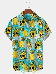 Herren Hemd Hawaiihemd Sommerhemd Totenkopf Motiv Ananas Grafik-Drucke Umlegekragen Blau Outdoor Strasse Kurze Ärmel Bedruckt Button-Down Bekleidung Tropisch Modisch Hawaiianisch Designer
