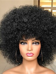 krótka peruka afro z grzywką dla czarnych kobiet afro perwersyjne kręcone peruki lata 70. premium syntetyczna duża peruka afro