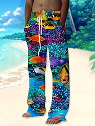 Hombre Pantalones Pantalones de verano Pantalones de playa Correa Cintura elástica Pierna recta Estampados Peces Comodidad Casual Diario Festivos Hawaiano Design Rojo Azul Piscina