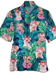 Herren Hemd Hawaiihemd Sommerhemd Blumen Grafik-Drucke Schwein Umlegekragen Blau Casual Hawaiianisch Kurzarm Bedruckt Button-Down Bekleidung Tropisch Modisch Hawaiianisch Weich