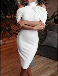 Women's Party Dress Ruched Cut Out Stand Collar Short Sleeve Midi Dress White Summer Spring
