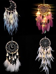 LED Dream Catcher Wall Decor with Feather Pendant Wall Hanging Ornament Wind Chimes Light for Car Home Girl Children's Bedroom Decoration Christmas Birthday Party Balcony Window Ramadan Eid Decorations