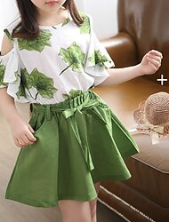3 delar Barn Flickor Grafisk Kjolskjorta Uppsättning Kortärmad Mode Utomhus 7-13 år Sommar Rubinrött Blå Grön