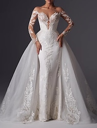 Eljegyzés Előírásos Esküvői ruhák Harang fazon Aszimmetrikus Hosszú ujj Udvariuszály Szatén Menyasszonyi ruhák Val vel Rátétek Egyszínű 2024
