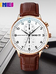 Skmei casual cronómetro relojes de cuarzo para hombre de la mejor marca de lujo correa de cuero genuino impermeable fecha reloj de pulsera