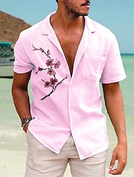 Men's Shirt Cotton Linen Shirt White Cotton Shirt Button Up Shirt Casual Shirt Summer Shirt White Purple Short Sleeves Graphic Turndown Summer Street Hawaiian Clothing Apparel Print