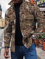 Herr Leopard Grafiska tryck Nedvikt Gul Blå Brun Grön Sport & Utomhus Dagliga kläder Långärmad Mönster Knapp Kläder Mode Streetwear Ledigt vardag Gatustil