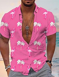 男性用 シャツ アロハシャツ フラミンゴ ココナッツの木 グラフィック 折襟 イエロー ピンク ネイビーブルー ブルー グリーン 日常 ハワイアン 半袖 プリント ボタンダウン 衣類 トロピカル風 ファッション ストリートファッション ハワイアン