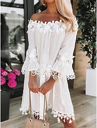Women's Cotton White Dress Lace Dress Shift Dress Plain Tassel Fringe Lace Off Shoulder Midi Dress Basic Daily Date 3/4 Length Sleeve Summer Spring