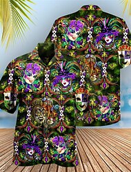 Homens Camisa Social Camisa havaiana Máscara Carnaval Aberto para a Lateral Preto Azul Roxo Laranja Verde Casual Havaiana Manga Curta Imprimir Botão para baixo Roupa Tropical Moda Havaiana Macia