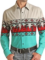 Men's Shirt Western Shirt Tribal Graphic Prints Vintage Turndown Blue Outdoor Street Long Sleeve Button-Down Print Clothing Apparel Fashion Streetwear Designer Soft
