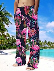 Men's Trousers Summer Pants Beach Pants Drawstring Elastic Waist Straight Leg Animal Flamingo Graphic Prints Comfort Casual Daily Holiday Streetwear Hawaiian Pink Red
