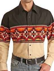 Men's Shirt Western Shirt Tribal Graphic Prints Geometry Turndown Yellow Outdoor Street Long Sleeve Print Button-Down Clothing Apparel Fashion Streetwear Designer Soft