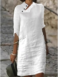 kvinnors bomullslinne klänning skjorta klänning fritidsklänning skiftklänning midiklänning bomullsblandning mode grundläggande utomhus daglig semester stativ krage knapp halvärm sommar våren 2023