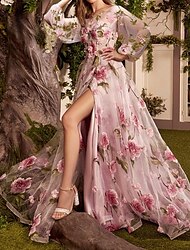 Γραμμή Α Φορέματα χορού Λουλουδάτο Φόρεμα Επίσημο Επισκέπτης γάμου Ουρά Μακρυμάνικο Με Κόσμημα Δαντέλα με Άνθινο Εμπριμέ 2024