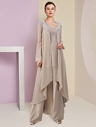 Jumpsuit / Pantsuit 3 Piece Mother of the Bride Dress Formal Wedding Guest Elegant V Neck Floor Length Chiffon Lace Sleeveless Wrap Included with Beading Appliques 2024