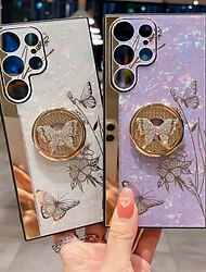 Phone Case For Samsung Galaxy S24 S23 S22 S21 S20 Ultra Plus FE S23 A72 A52 A42 Note 20 Ultra Back Cover Bumper Frame Rhinestone Ring Holder Butterfly Glitter Shine Flower TPU PC