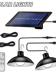 Solar Pendant Lights Outdoor Indoor String Lights Dimmable IP65 Waterproof Dual Head Solar Shed Light with 3M Cord and Remote Controller
