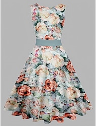 Women's Vintage Elegant Vintage Tea Dresses Midi Dress Daily Date Ruched Print Floral Crew Neck Sleeveless Slim Summer Spring 2023 Pink Blue S M L XL