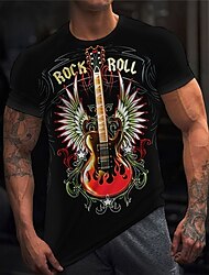 ροκ εν ρολ ανδρικό γραφικό πουκάμισο 3d | μαύρο βαμβακερό μπλουζάκι κιθάρα μουσικό όργανο πλήρωμα ενδύματα με λαιμόκοψη ένδυση τύπωμα υπαίθρια casual κοντό μπλουζάκι γενεθλίων