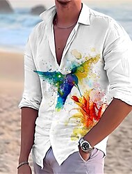 camisa gráfica masculina havaí verão praia branco rosa azul manga comprida pássaro abertura de cama primavera&amp; roupas casuais diárias vestuário beija-flor amarelo