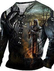 Grim Reaper Gothic Mens 3D Shirt For Halloween | Green Winter Cotton | Men'S Tee Graphic Faith Skulls Collar Clothing Apparel 3D Print Daily Going Out Long Sleeve Lace Up Fashion Designer