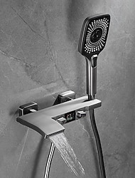 Wall Mount Bathtub Faucet with Handheld Shower Sprayer, LED Display Wall Mounted Tub Shower Set Brass Valve Waterfall Spout, Bathroom Single Handle Mixer Tap, Hand Held Filler Shower System