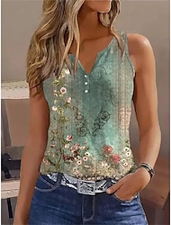 Women's Plus Size Tank Top Floral Casual Holiday Button Print White Short Sleeve Basic V Neck