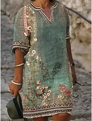 נשים במידות גדולות קימור שמלת קז'ואל שמלת שינוי שמלת מידי שמלת ירוקה חצי שרוול הדפס פרחוני סתיו אביב קיץ צוואר V 2023 אופנה