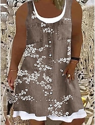 Women‘s Plus Size Curve Casual Dress Tank Dress Floral Midi Dress Sleeveless Button Fake two piece U Neck Fashion Outdoor Blue Sky Blue Summer Spring L XL XXL 3XL 4XL