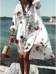 Women's Shirt Dress Casual Dress Swing Dress Mini Dress Outdoor Daily Vacation Polyester Fashion Casual Shirt Collar Button Print Long Sleeve Summer Spring Fall 2023 Loose Fit White Pink Blue Floral