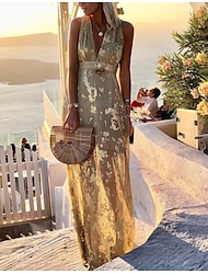 Γυναικεία Φόρεμα για πάρτυ Φόρεμα για τον ήλιο Φόρεμα σε γραμμή Α Μακρύ Φόρεμα Μάξι Φόρεμα Μαύρο Κίτρινο Ανθισμένο Ροζ Αμάνικο Μονόχρωμες Λαμπύρισμα Καλοκαίρι Άνοιξη Βαθύ V Διακοπές