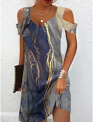 Γυναικεία Βαμβάκι Φυλής Μαρμάρινη εκτύπωση Στάμπα Λαιμόκοψη V Μίνι φόρεμα Κομψό Ημερομηνία Διακοπές Κοντομάνικο Καλοκαίρι Άνοιξη