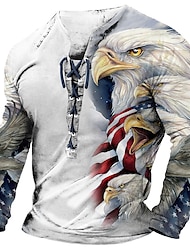 Herren-3D-Schnürshirt zum Unabhängigkeitstag | weiße Sommerbaumwolle | Grafik-Modedesigner, bequemes Herren-T-Shirt mit 3D-Druck, lässig, täglich, zum Ausgehen, blau, lila, langärmlig