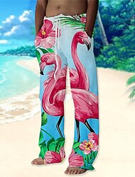 Voor heren Broek Zomerbroek Strandbroeken Trekkoord Elastische taille Recht been dier Flamingo Grafische prints Comfort Casual Dagelijks Feestdagen Streetwear Hawaii Blozend Roze blauw