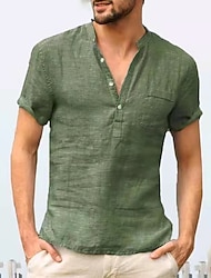 Homens camisa de linho camisa de verão camisa de praia Preto Branco Rosa Manga Curta Tecido Colarinho Diário Esportes Relaxantes Roupa