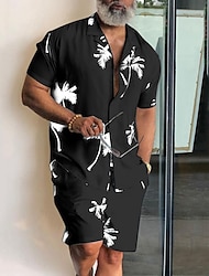 Men's Summer Hawaiian Shirt Shirt Set Graphic Prints Leaves Cuban Collar Black White Blue Green Dark Blue Street Casual Short Sleeve Print Clothing Apparel Tropical Fashion Hawaiian Designer