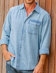 Per uomo Camicia Camicia di jeans Camicia con bottoni Maglietta informale Blu Manica lunga Liscio Bavero Strada Da mare Tasche Abbigliamento Denim Di tendenza Comodo Hawaiano