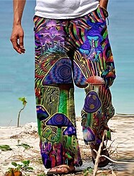 Homens Calças Calça verão Calças de praia Com Cordão Cintura elástica Impressão 3D Estampas Abstratas Cogumelo Conforto Casual Diário Feriado Misto de Algodão Roupa de rua Havaiana Vermelho Roxo