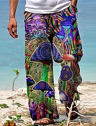 Homens Calças Calça verão Calças de praia Com Cordão Cintura elástica Impressão 3D Estampas Abstratas Cogumelo Conforto Casual Diário Feriado Misto de Algodão Roupa de rua Havaiana Vermelho Roxo