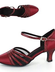 Damen Schuhe für modern Dance Innen Praxis Square Dance Absätze Pailletten Kubanischer Absatz Schnalle Erwachsene Dunkelrot