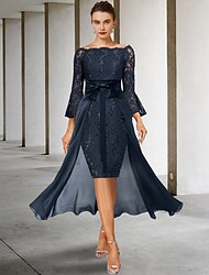 Two Piece Sheath / Column Mother of the Bride Dress Formal Wedding Guest Elegant Party Off Shoulder Knee Length Chiffon Lace Imitated Silk 3/4 Length Sleeve with Bow(s) 2024