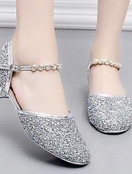 Meisjes glitter zilveren ballroom dansschoenen - lage hak prinsessenfeestschoenen met strass enkelbandje voor bruiloften en optredens