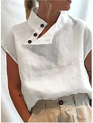 Mulheres Camisa Social Blusa Camisa de gola alta Tecido Casual Botão Branco Manga Curta Elegante Moda Básico Colarinho Clerical