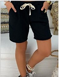 Per donna Pantaloncini Bermuda Di tendenza Breve Liscio A cordoncino Tasche laterali Comfort Media elasticità Da mare Spiaggia Nero Bianco Cachi Standard