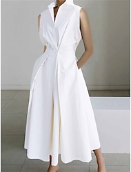Damen blusenkleid Schaukelkleid Maxidress Bettwäsche aus Baumwolle Taste Tasche Elegant solide Hemdkragen Ärmellos Sommer Frühling Weiß