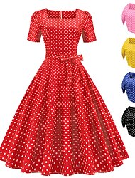 Γυναικεία Vintage Φόρεμα Καθημερινό φόρεμα Φόρεμα ριχτό από τη μέση και κάτω Μίντι φόρεμα Μαύρο Ανθισμένο Ροζ Ρουμπίνι Κοντομάνικο Πουά Φιόγκος Καλοκαίρι Άνοιξη Φθινόπωρο Τετράγωνη Λαιμόκοψη Βίντατζ